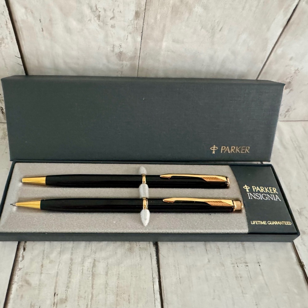 Parker Insignia Black Lacquer Gold Trim Ballpoint Pen and Pencil Set with Box